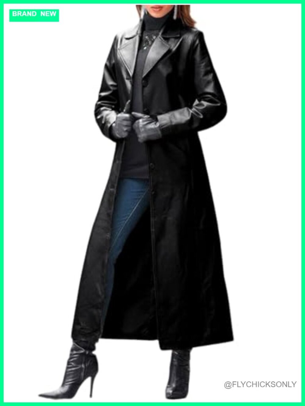 Faux Leather Trench Coat Single Breasted Maxi Lapel Button Down Overcoat